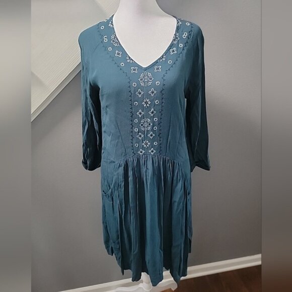 Garnet Hill Dress Womens 4 Teal Green Embroidered Boho Pockets - Picture 1 of 7